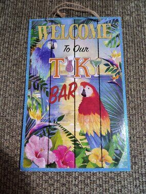 WELCOME TO OUR TIKI BAR Sign Wall Island Drinks Decoration Palm Tree 14" Long